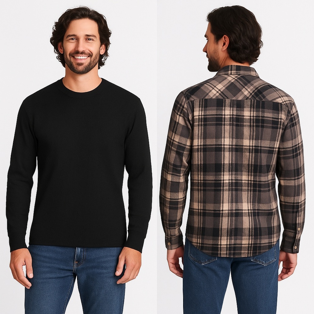 NWT Jachs New York Mens Plaid Flannel & Thermal Shirt 2-Pack Brown Black S‎